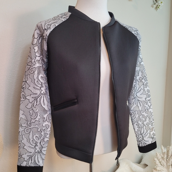 NWOT MAY & JULY SCUBA NEOPRENE BODY W LACE LONG SLEEVE BOMBER JACKET - Picture 5 of 16